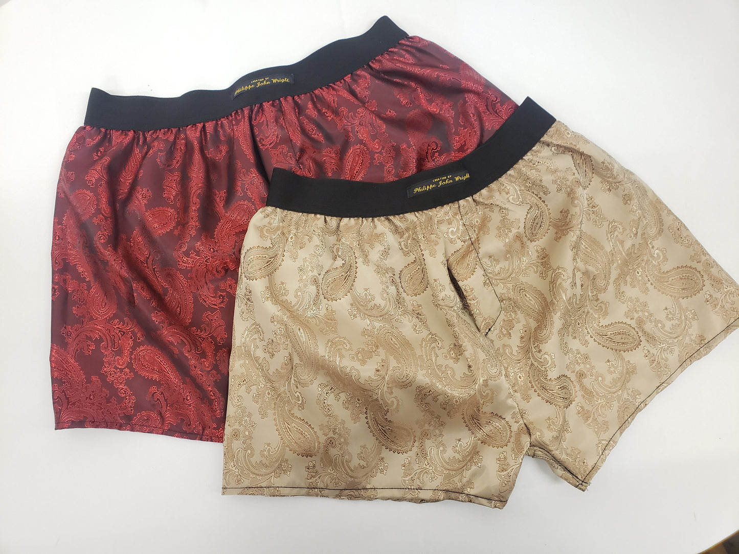 Two silk boxer shorts double bundle paisley pattern made in France BURGUNDY RED and BEIGE