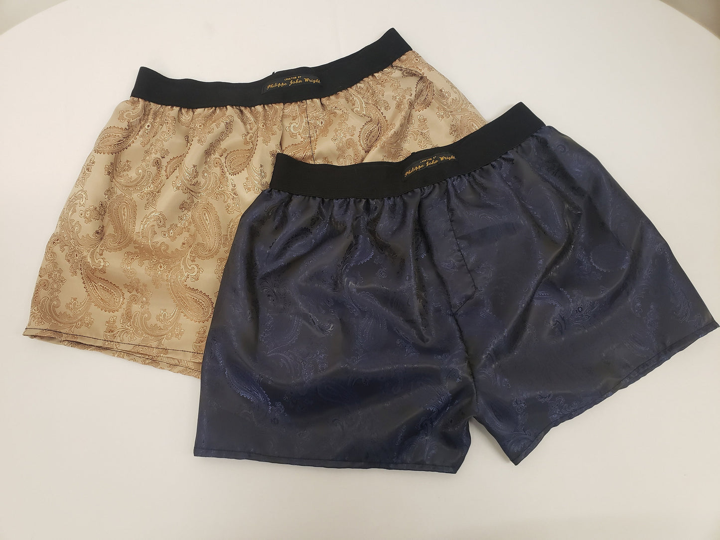 Two silk boxer shorts double bundle paisley motif made in France NAVY and BEIGE