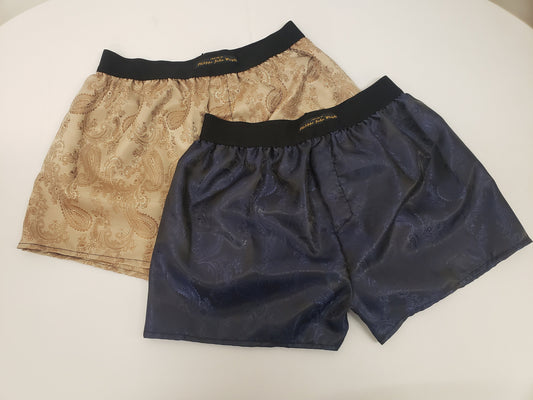 Two silk boxer shorts double bundle paisley pattern made in France NAVY and BEIGE