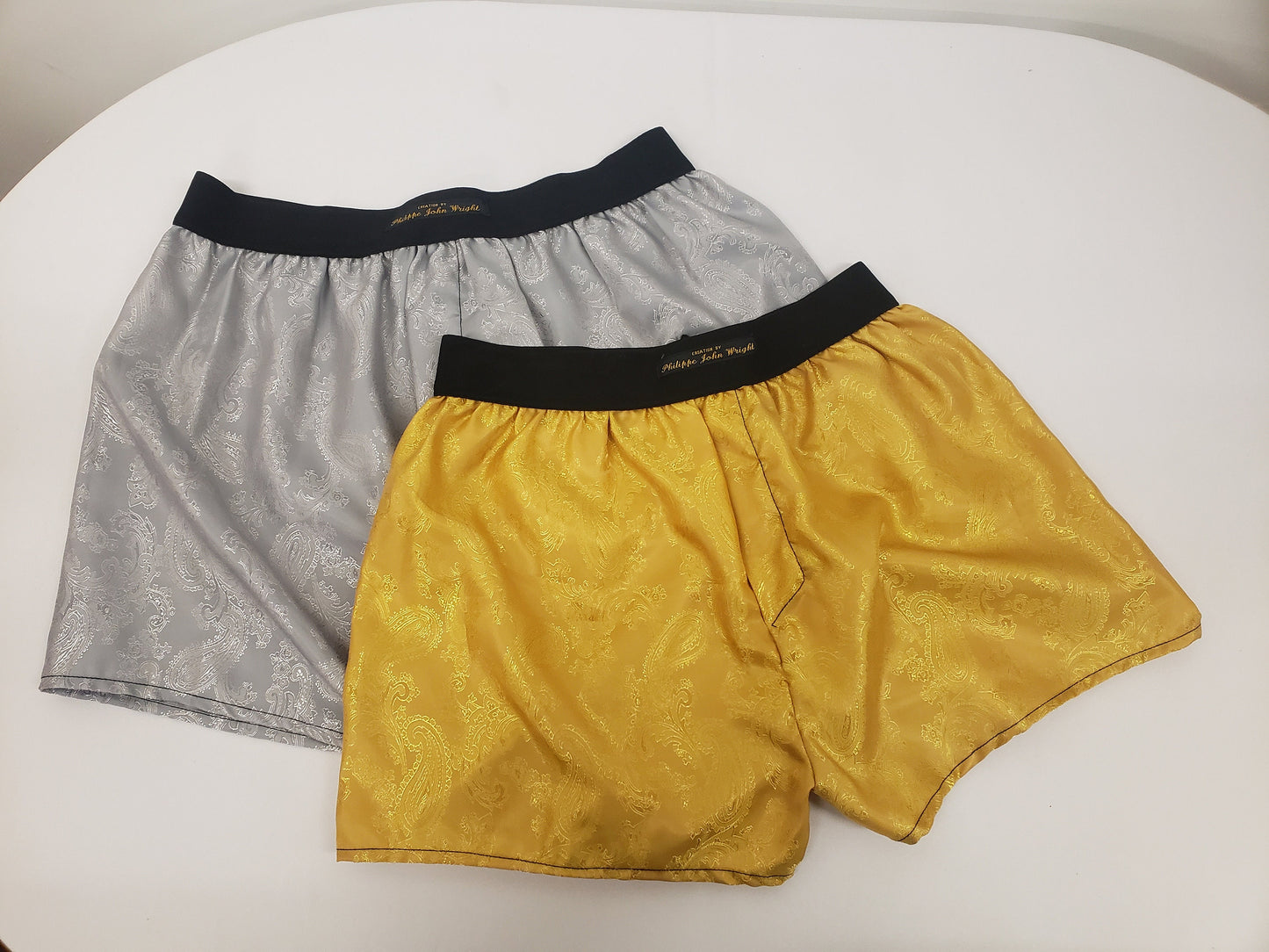Two silk boxer shorts double bundle paisley pattern made in France GOLD and SILVER