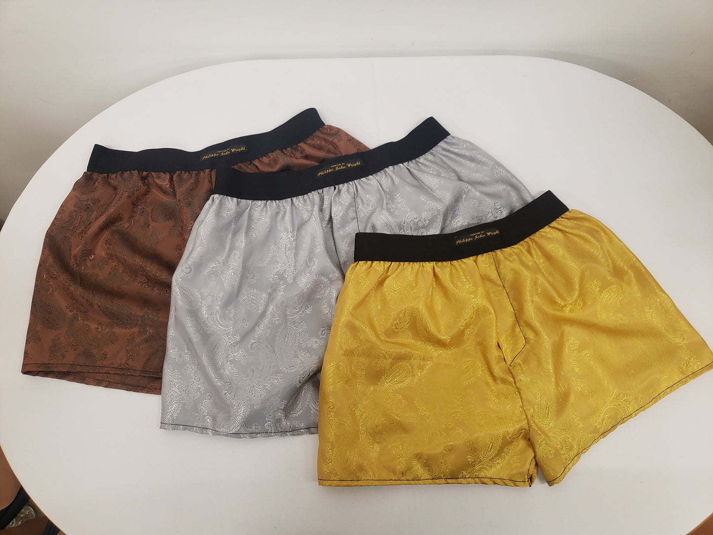 Three silk boxer shorts triple bundle paisley pattern made in France GOLD, SILVER and BRONZE