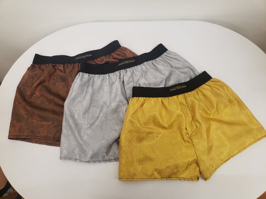Three silk boxer shorts triple bundle paisley pattern made in France GOLD, SILVER and BRONZE