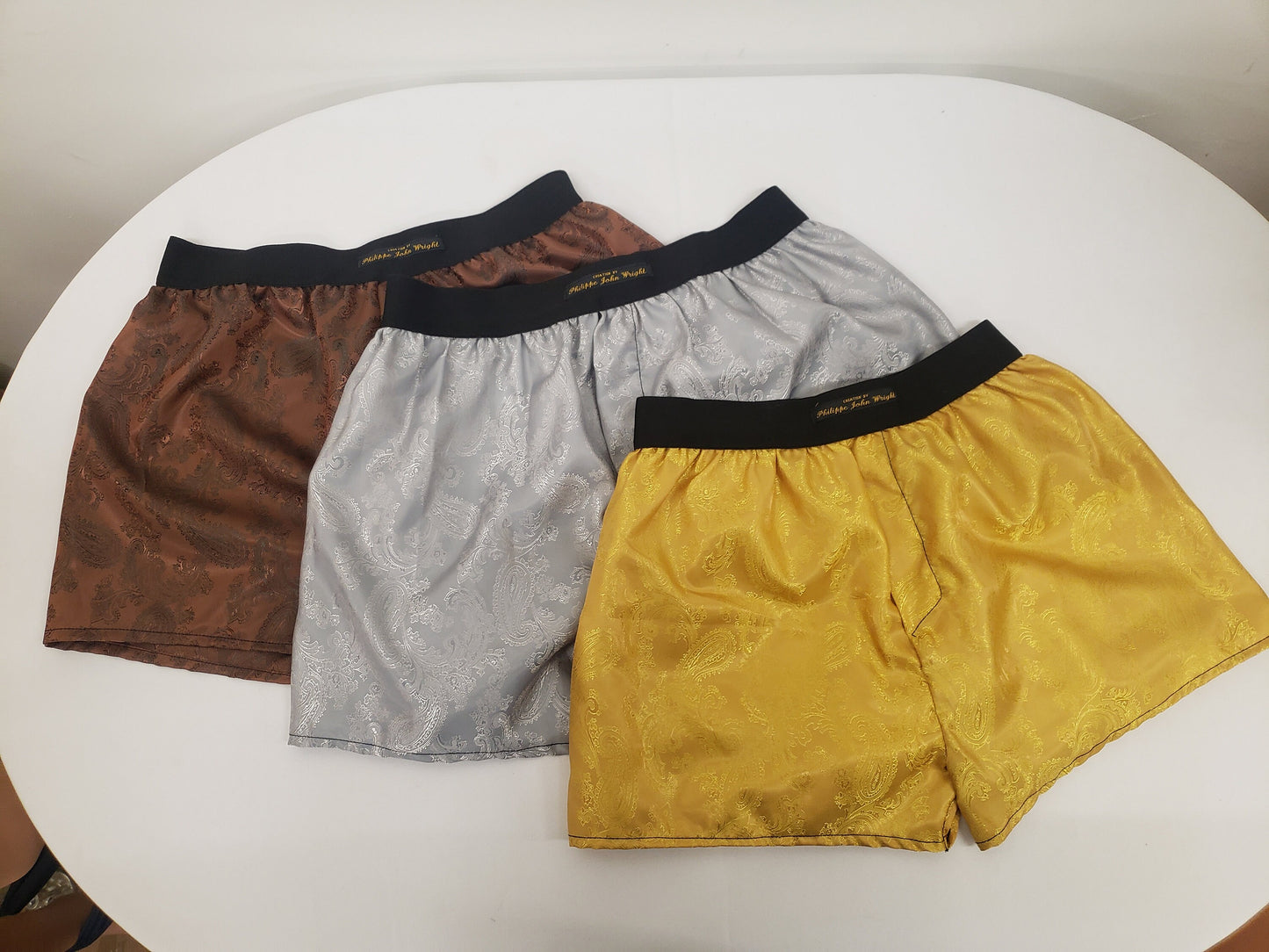 Three silk boxer shorts triple bundle paisley motif made in France GOLD , SILVER and BRONZE