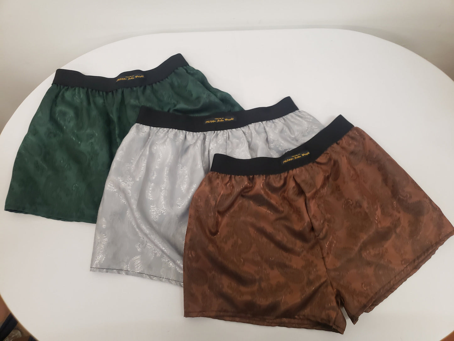 Three silk boxer shorts triple bundle paisley pattern made in France GREEN, SILVER and BROWN