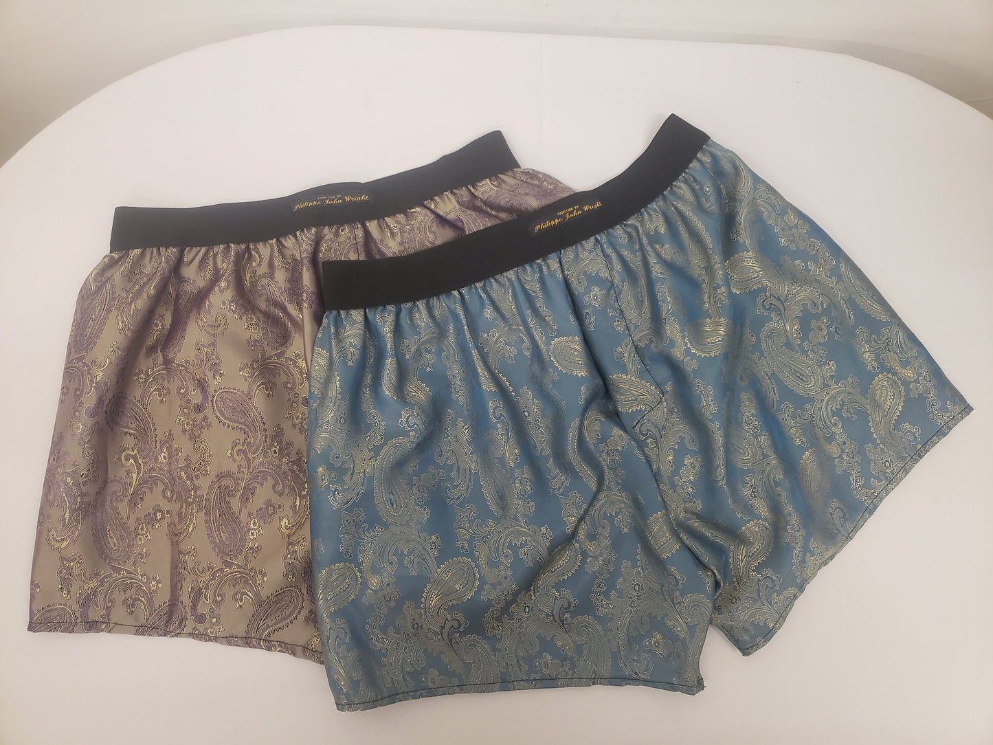 Two silk boxer shorts double bundle paisley motif made in France golden PURPLE and golden BLUE