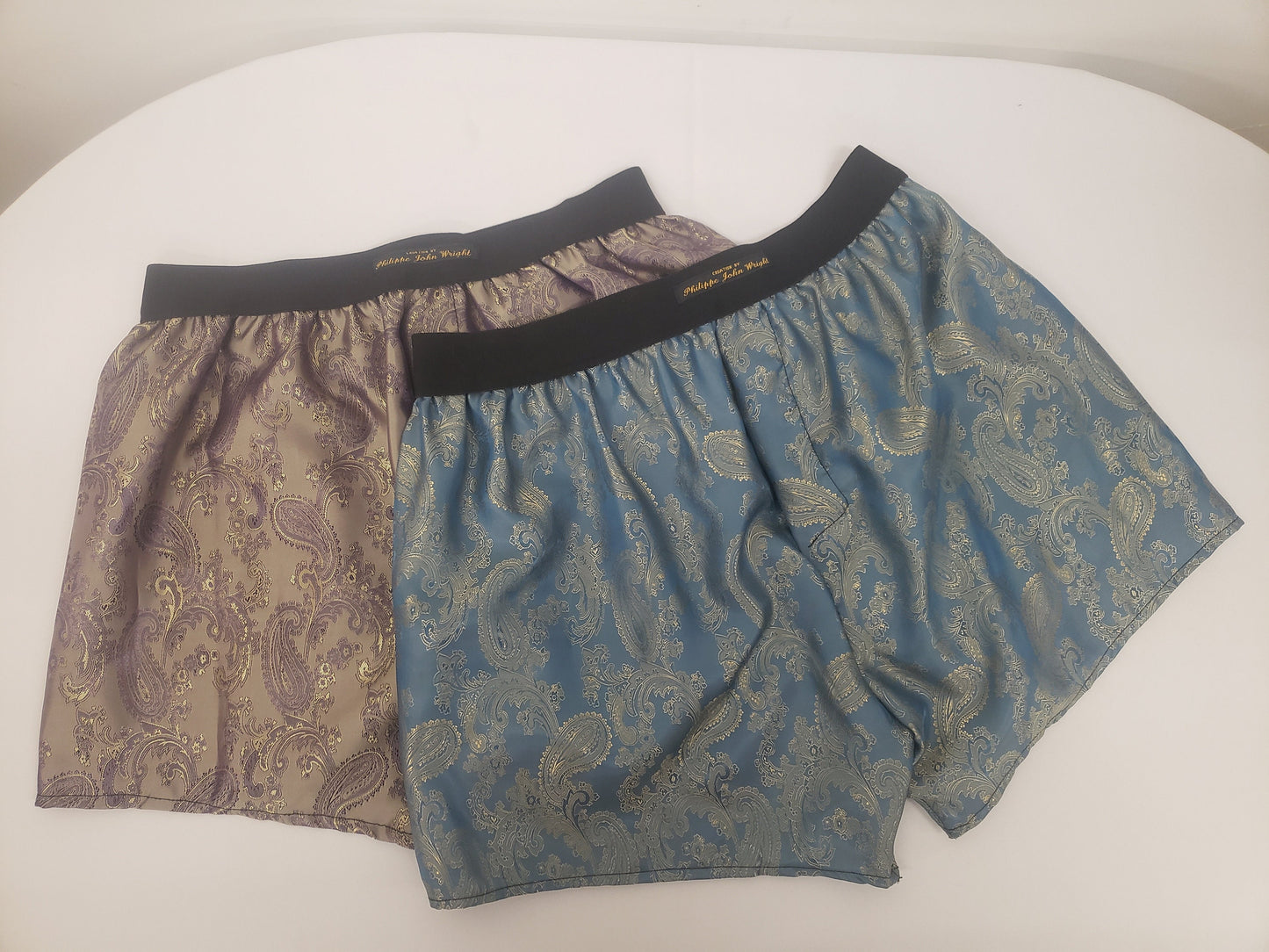 Two silk boxer shorts bundle paisley motif made in France golden PURPLE and golden BLUE