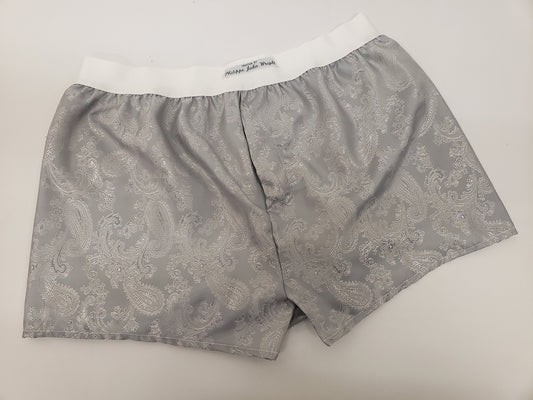silver silk boxer shorts paisley motif made in France