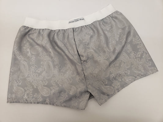 silver silk boxer shorts paisley pattern made in France