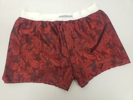 Burgandy silk boxer shorts paisley motif made in France