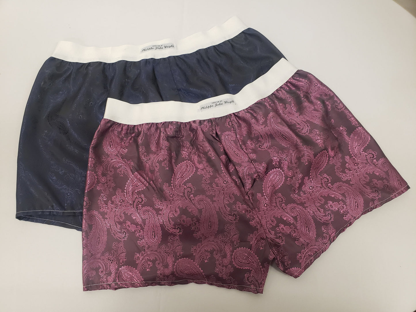 Two silk boxer shorts double bundle paisley pattern made in France Navy and Pink