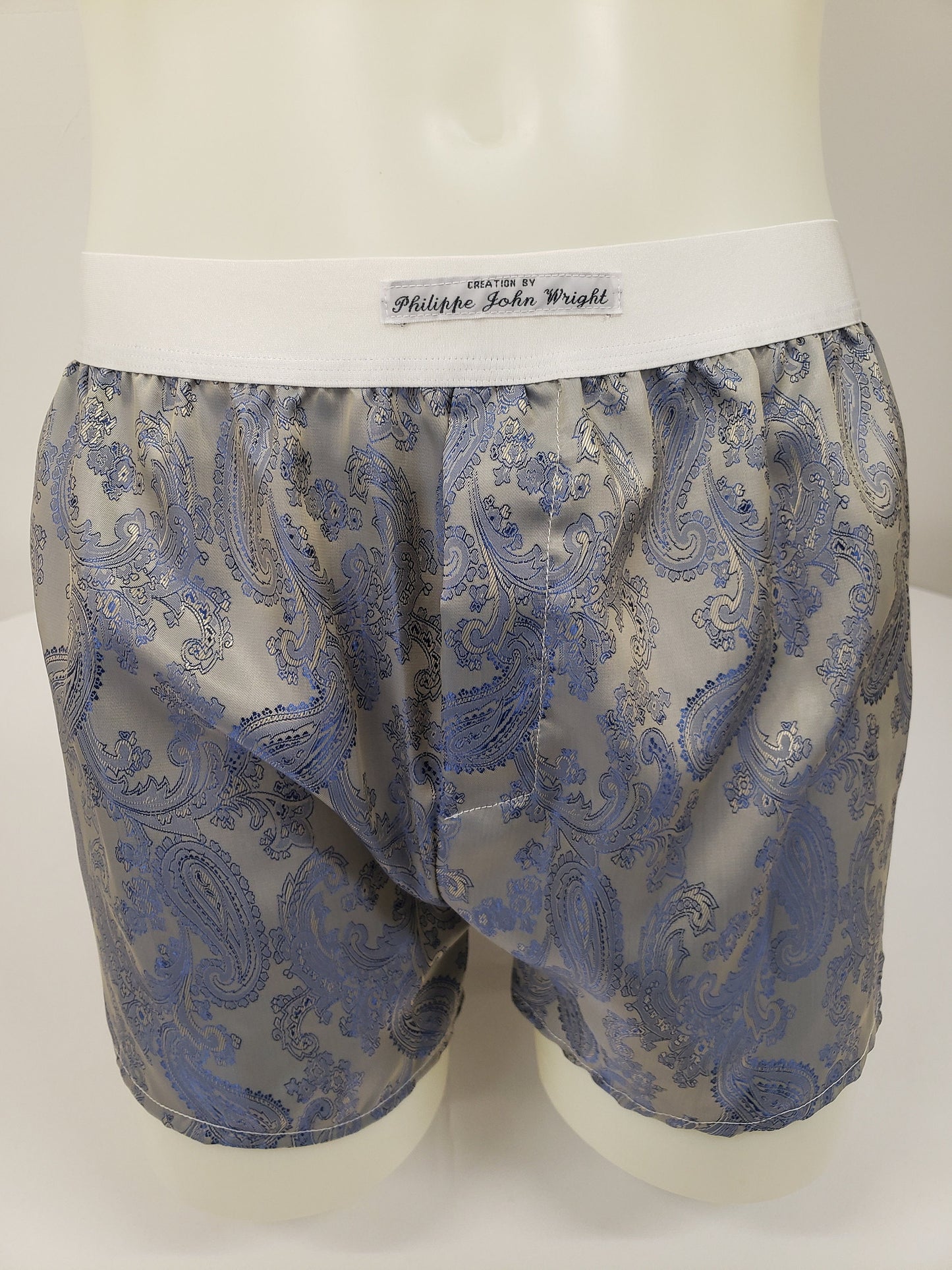 Two silk boxer shorts double bundle paisley motif made in France navy and royal blue