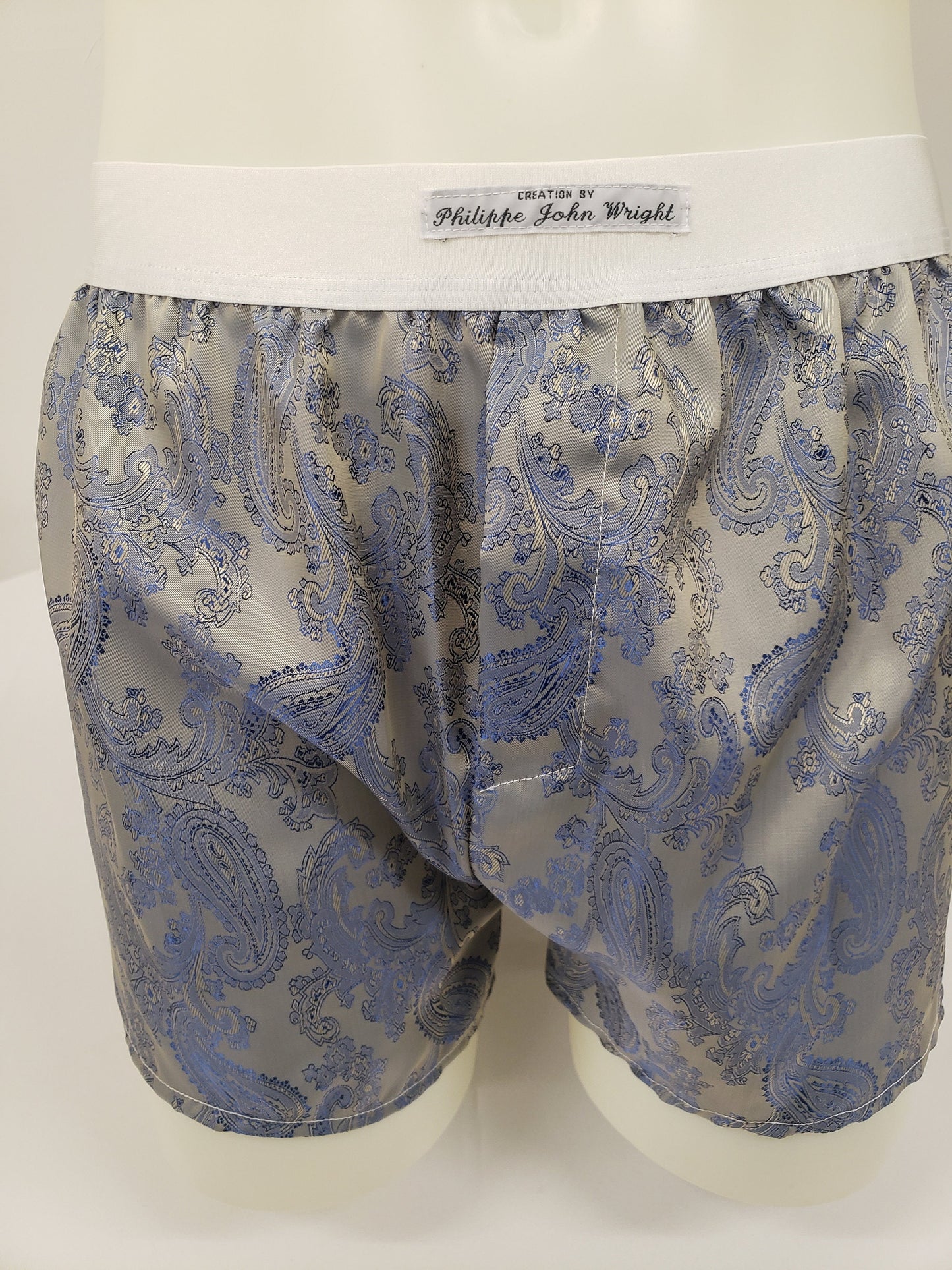 Royal blue silk boxer shorts paisley pattern made in France
