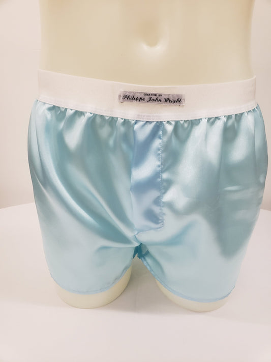 pale blue satin boxer shorts for men made in France