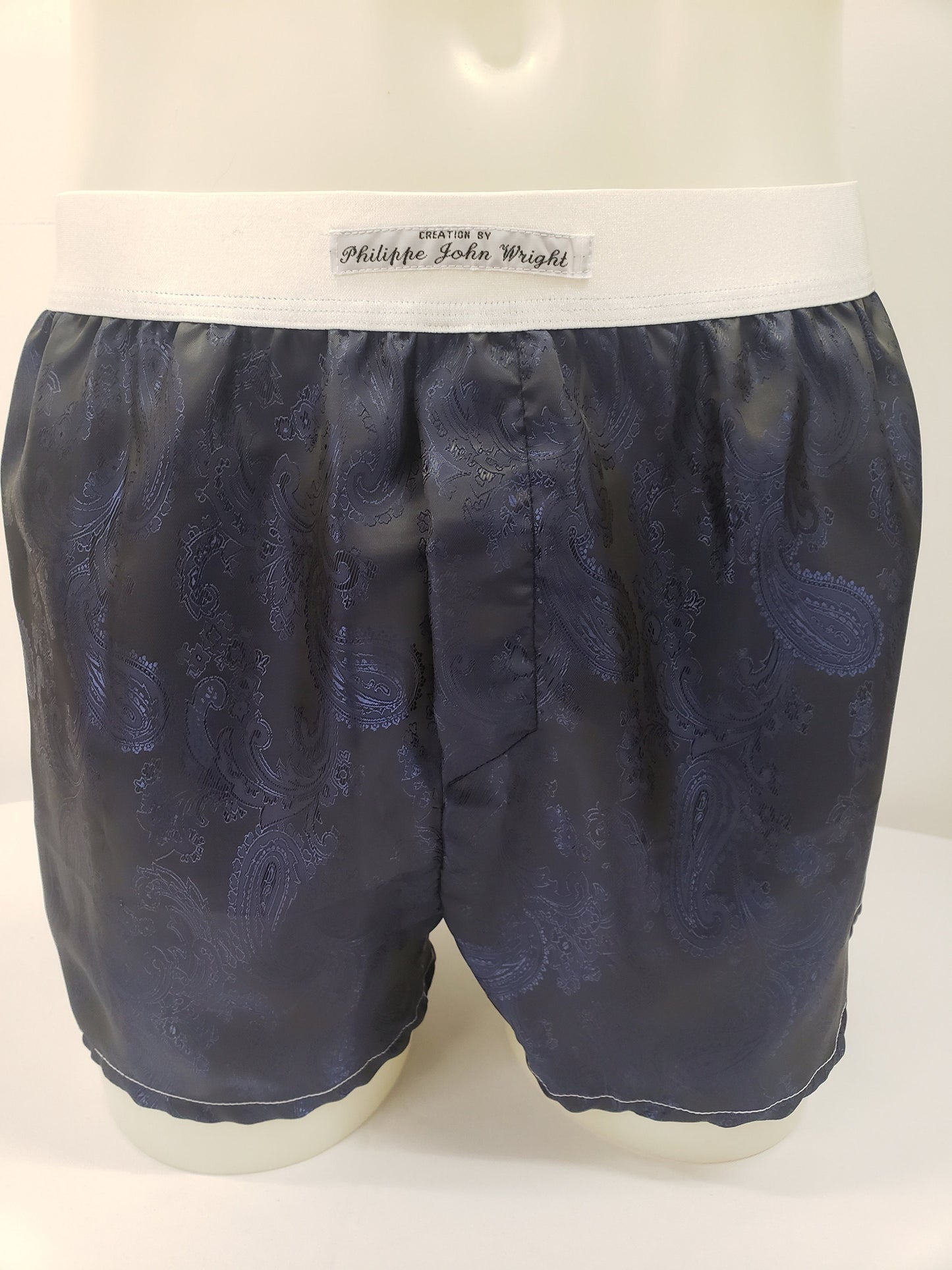 Navy silk boxer shorts paisley pattern made in France