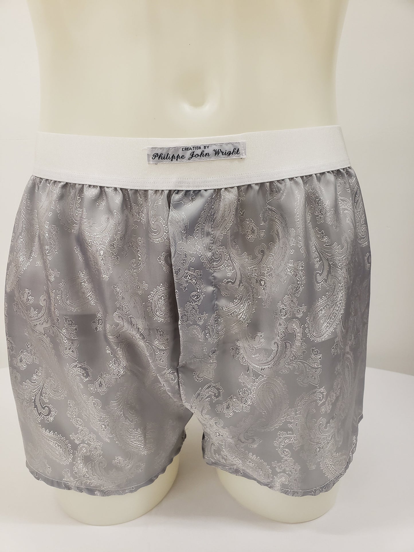 silver silk boxer shorts paisley motif made in France