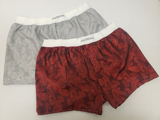 Two silk boxer shorts double bundle paisley motif made in France Red and Silver