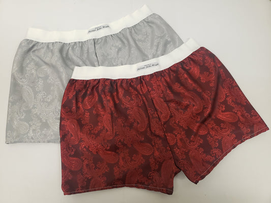 Two silk boxer shorts double bundle paisley pattern made in France Red and Silver