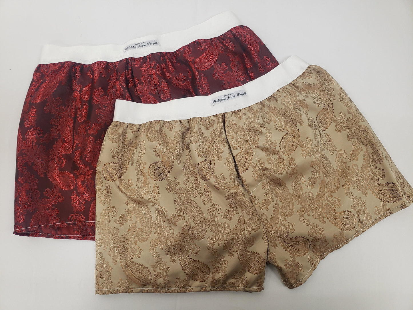 Two silk boxer shorts double bundle paisley pattern made in France Red and Ivory