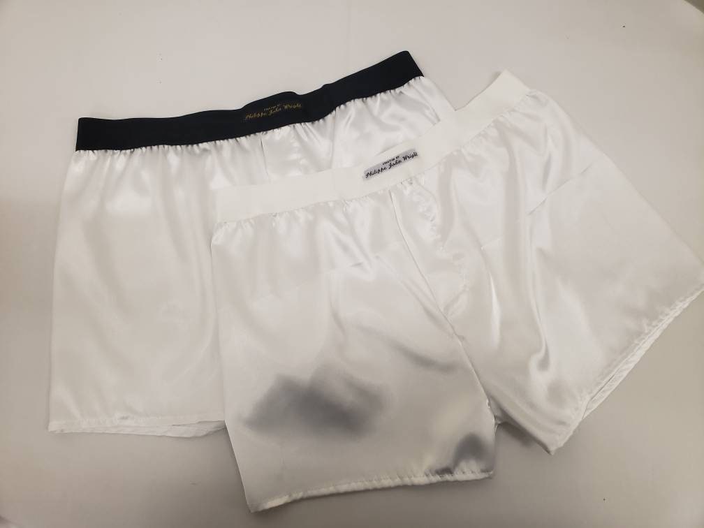 Mens satin boxer brief bundle, silky pure white satin with black and white elastic.