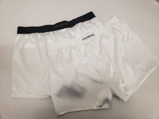 Mens satin boxer brief bundle, silky pure white satin with black and white elastic.