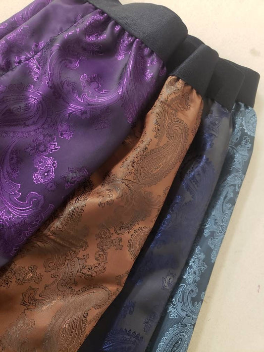 FOUR silk boxer shorts bundle paisley pattern made in brown, purple, navy blue, metallic blue.