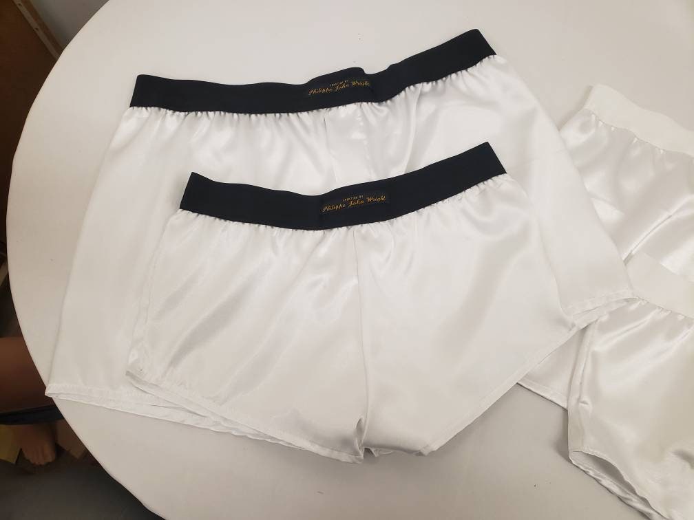 Mens satin boxer brief bundle, silky pure white satin with black elastic.