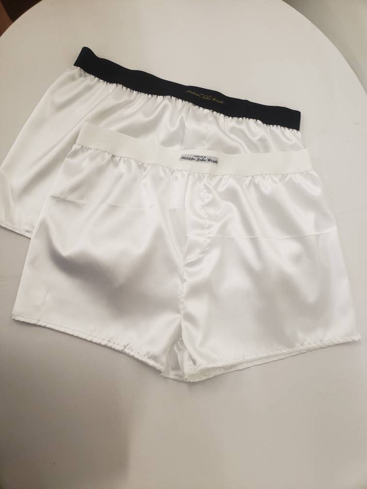 Mens satin boxer brief bundle, silky pure white satin with black and white elastic.