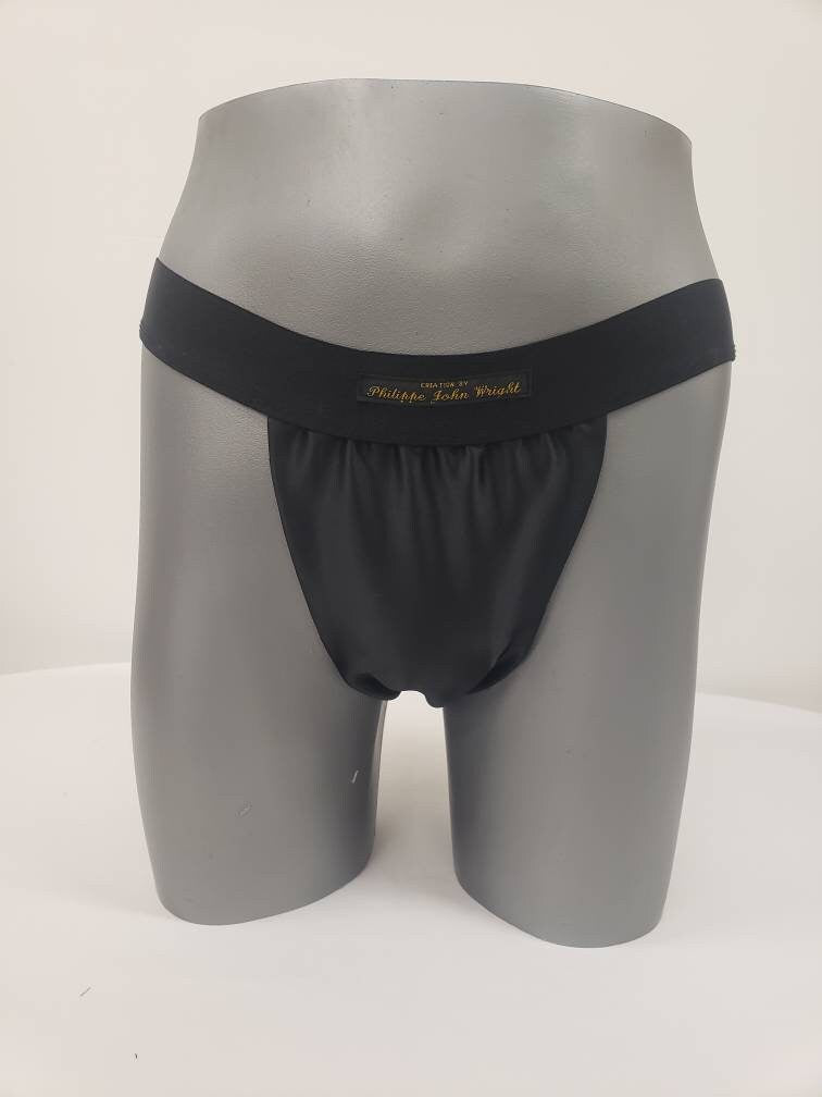 Men BLACK shiny satin briefs tanga like underwear fully lined with silky finish.