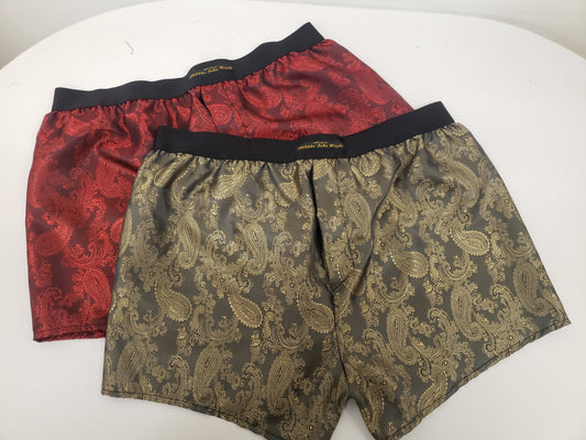 Two silk boxer shorts gold and burgundy double bundle paisley motif made in France