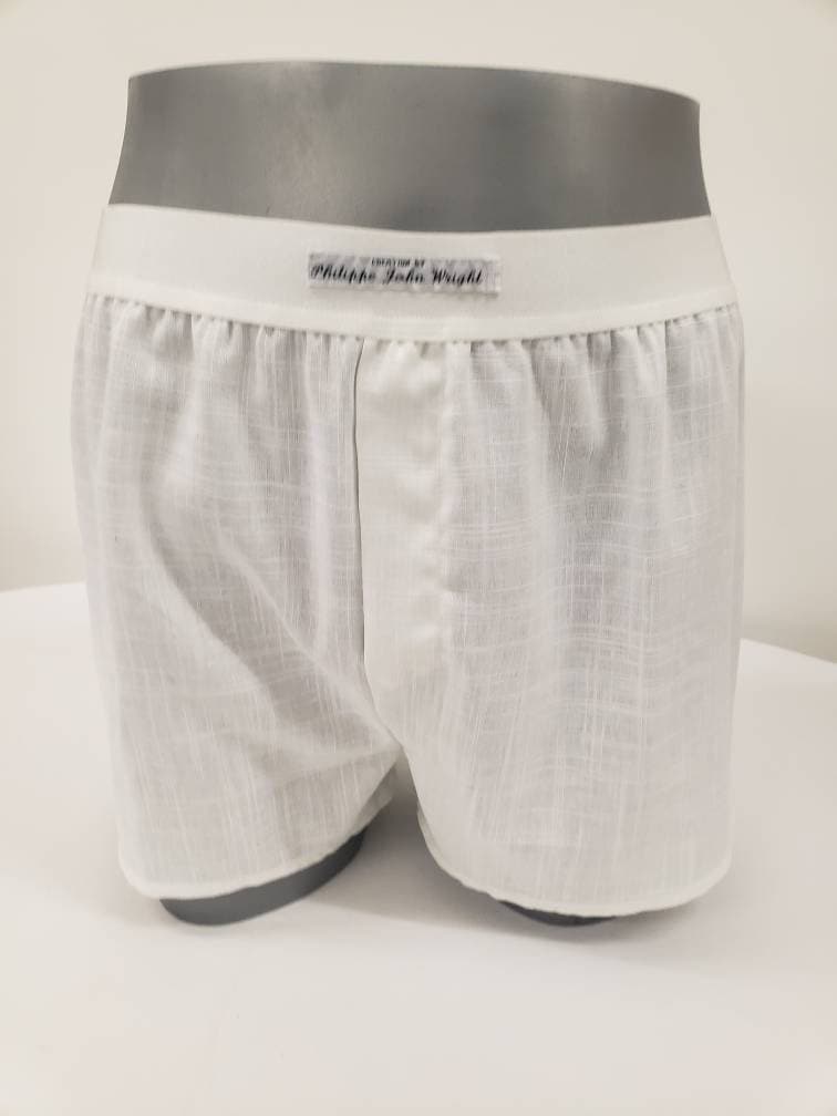 White LINEN men boxer short with white elastic.
