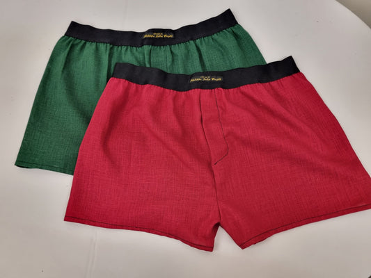 Red and Green LINEN men boxer short with black elastic.