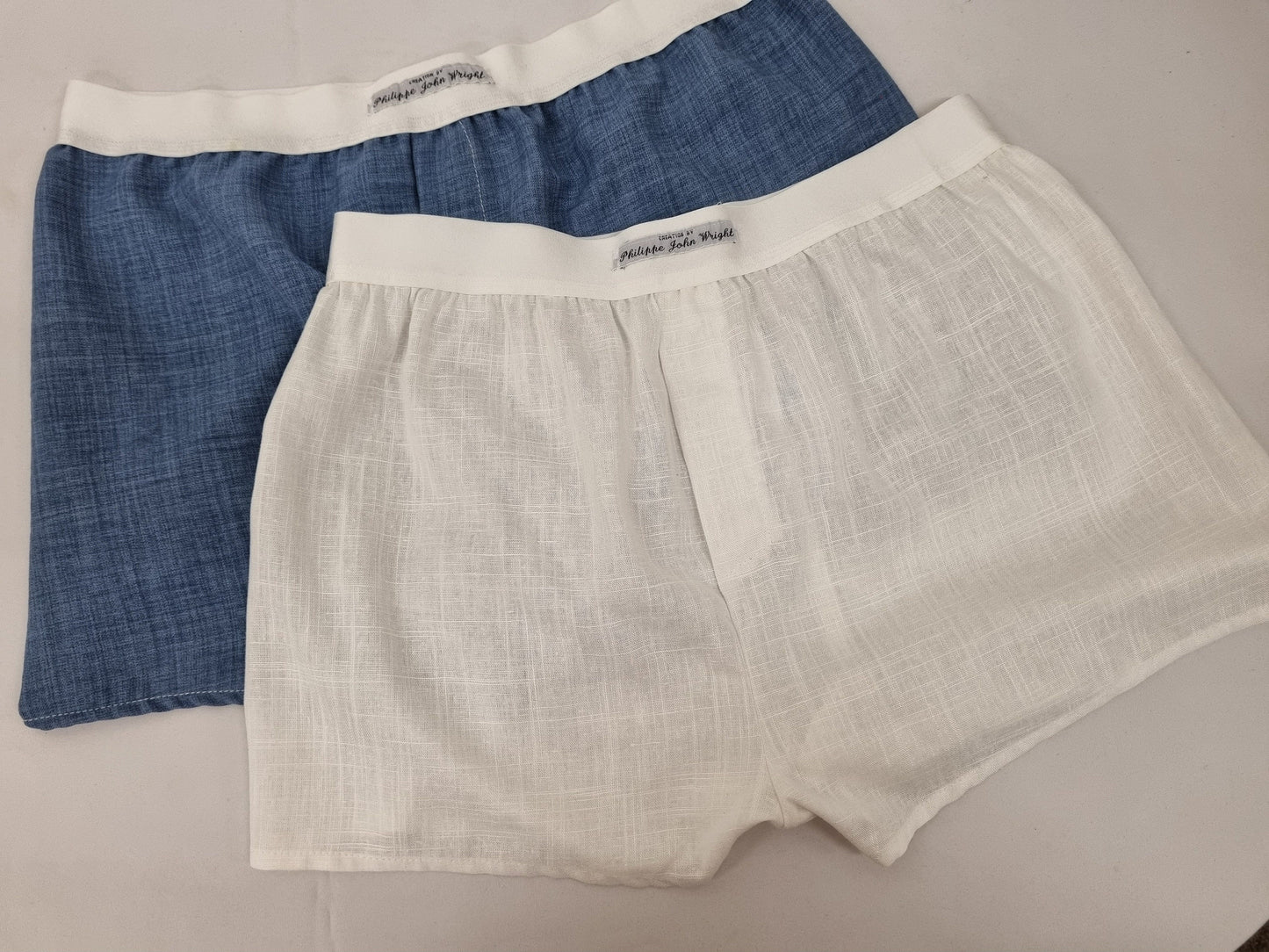 Two blue and off white LINEN men boxer short bundle with white elastic.
