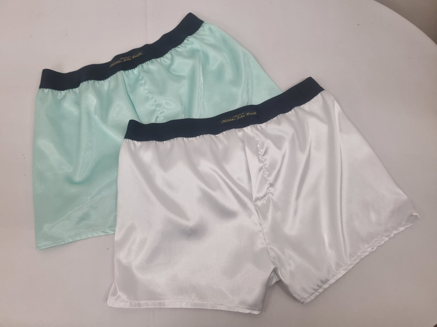 Mens satin boxer brief bundle, silky pure white satin with black and white elastic.