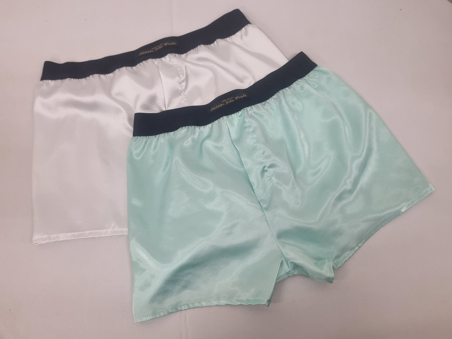 Mens satin boxer brief bundle, silky pure white satin with black and white elastic.