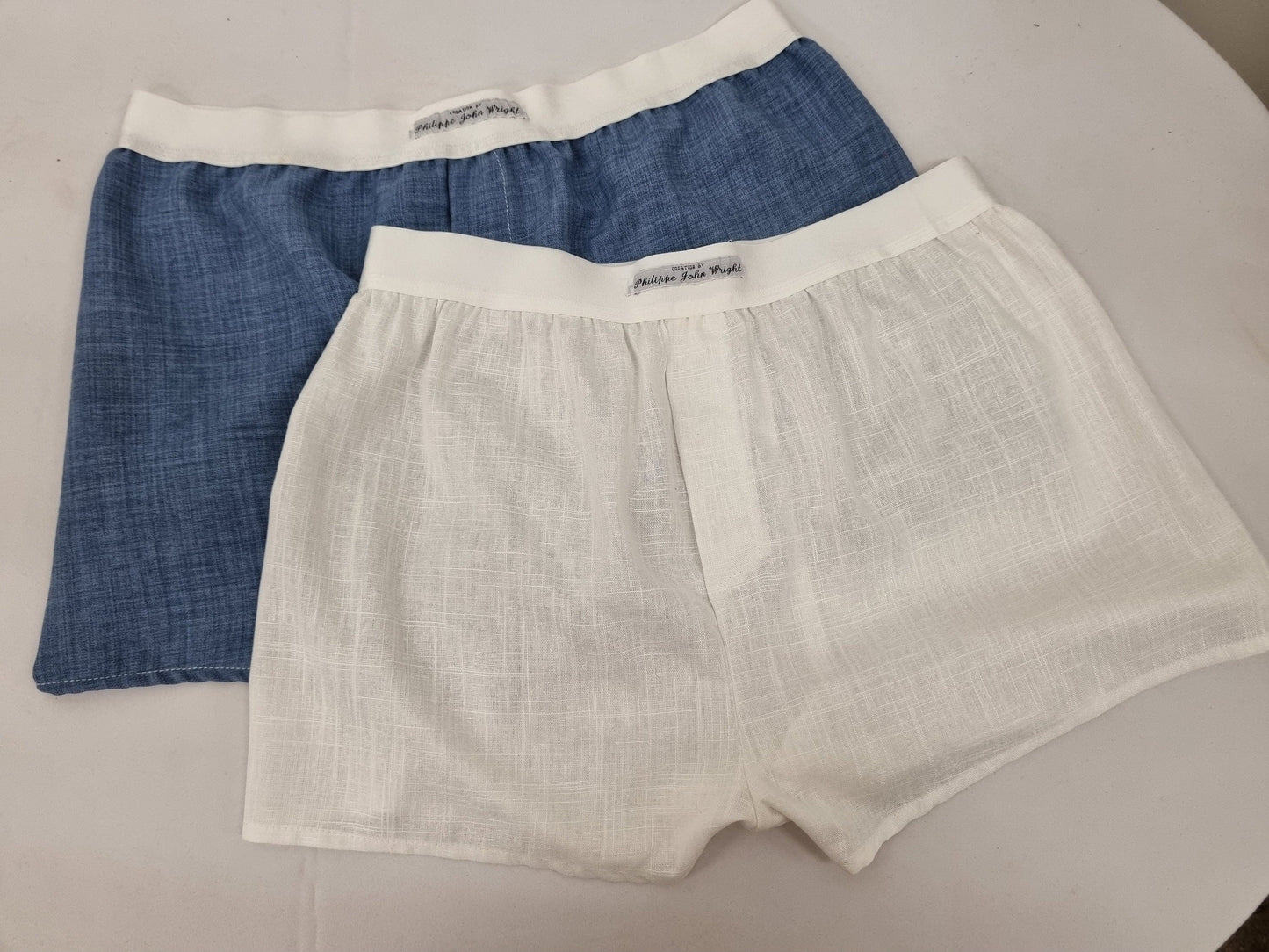 Two blue and off white LINEN men boxer short bundle with white elastic.
