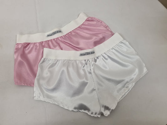 Womans double bundle WHITE and PINK satin boy shorts, pajamas, french knickers made in france