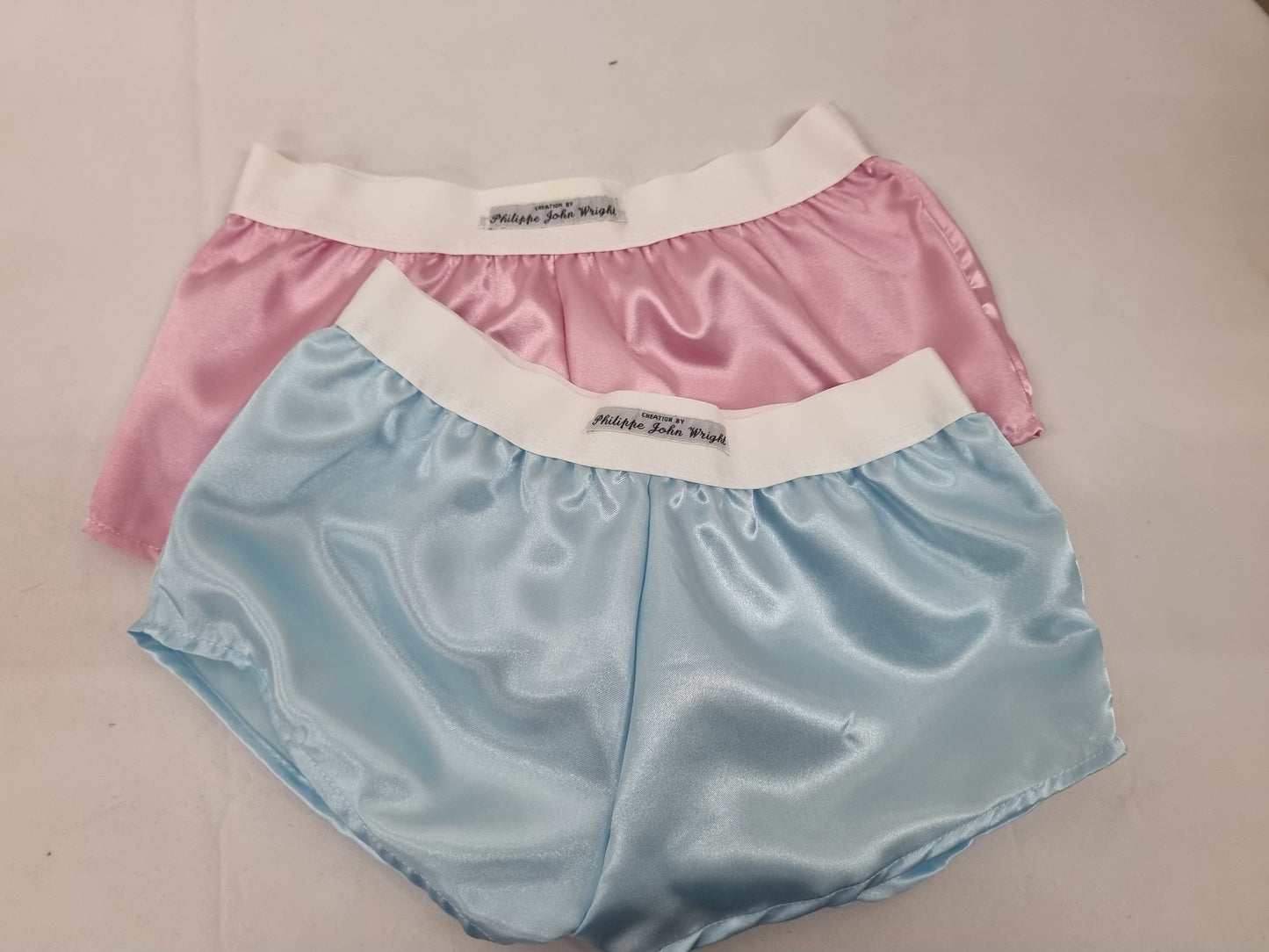 Womans double bundle PALE BLUE and PINK satin boy shorts, pajamas, french knickers made in france