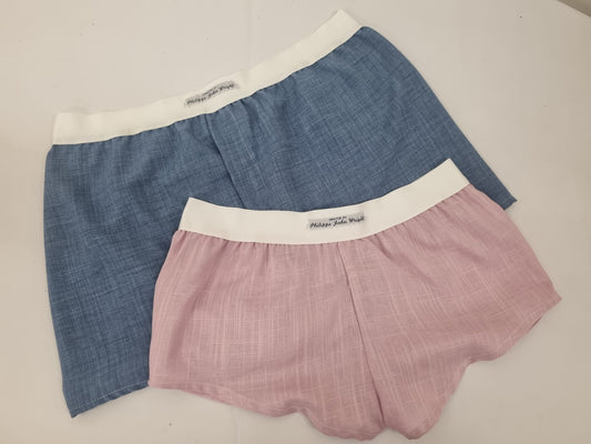 couple gift matching underwear His and her linen PALE BLUE and PINK boxer short and boy shorts bundle hand made in France.