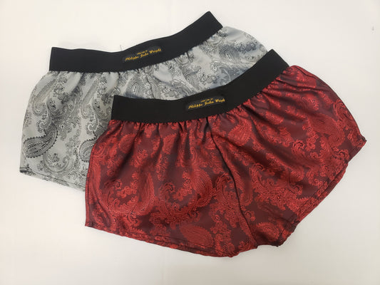 Womans double bundle RED and SILVER silk paisley boy shorts, pajamas, French knickers made in France