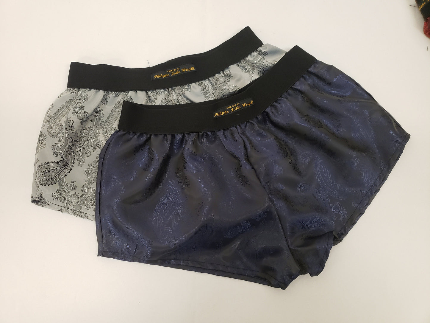 Womans double bundle NAVY and SILVER silk paisley boy shorts, pajamas, french knickers made in france
