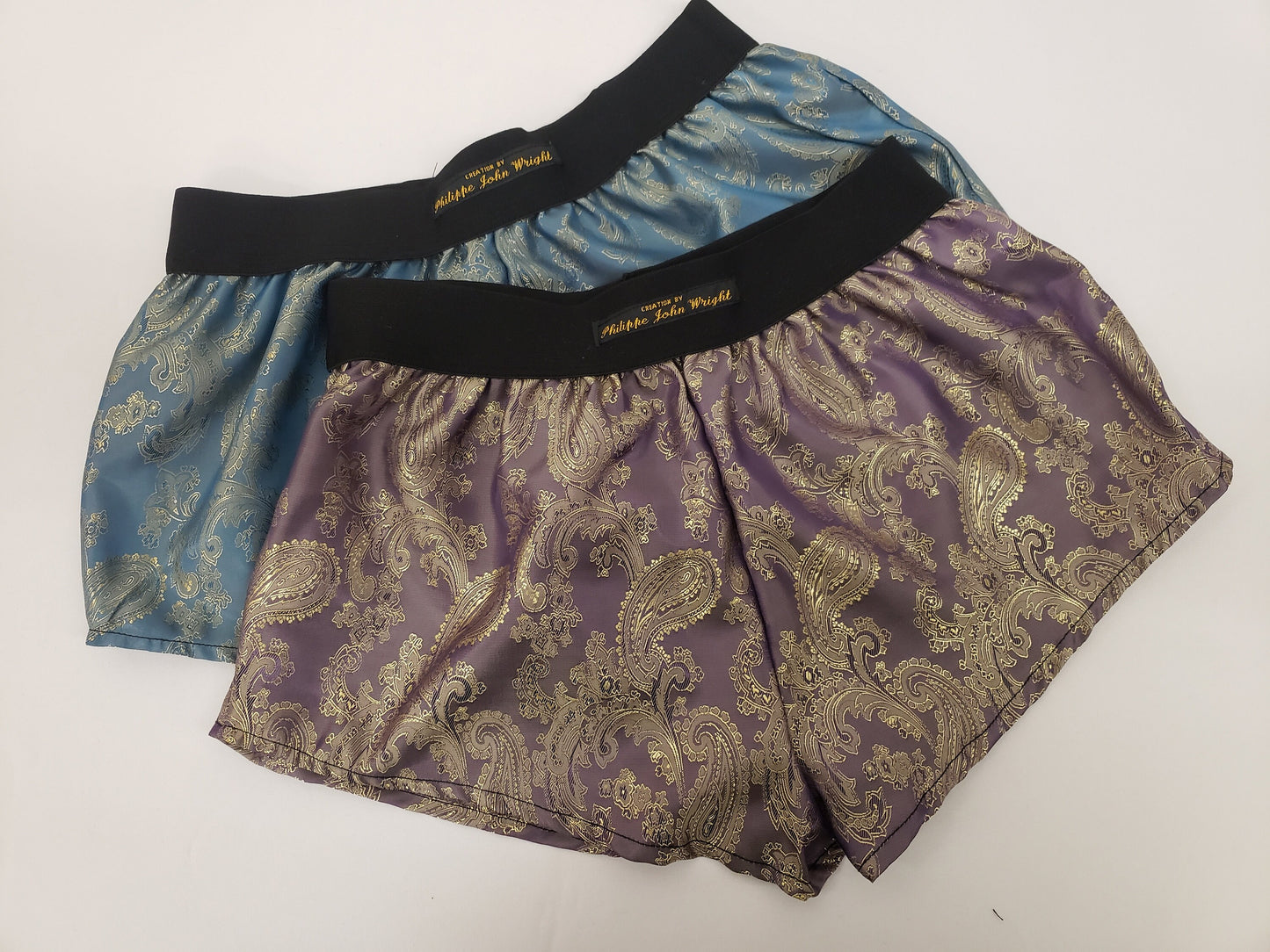 Womans double bundle GOLDEN BLUE and PURPLE silk paisley boy shorts, pajamas, french knickers made in france