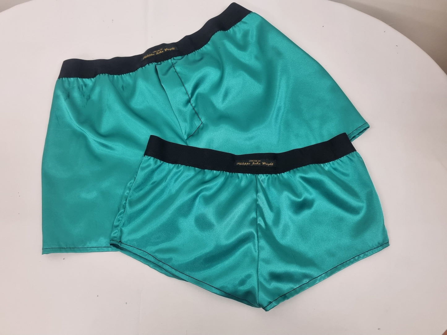 His and her satin GREEN boxer short and boy shorts bundle hand made in France.