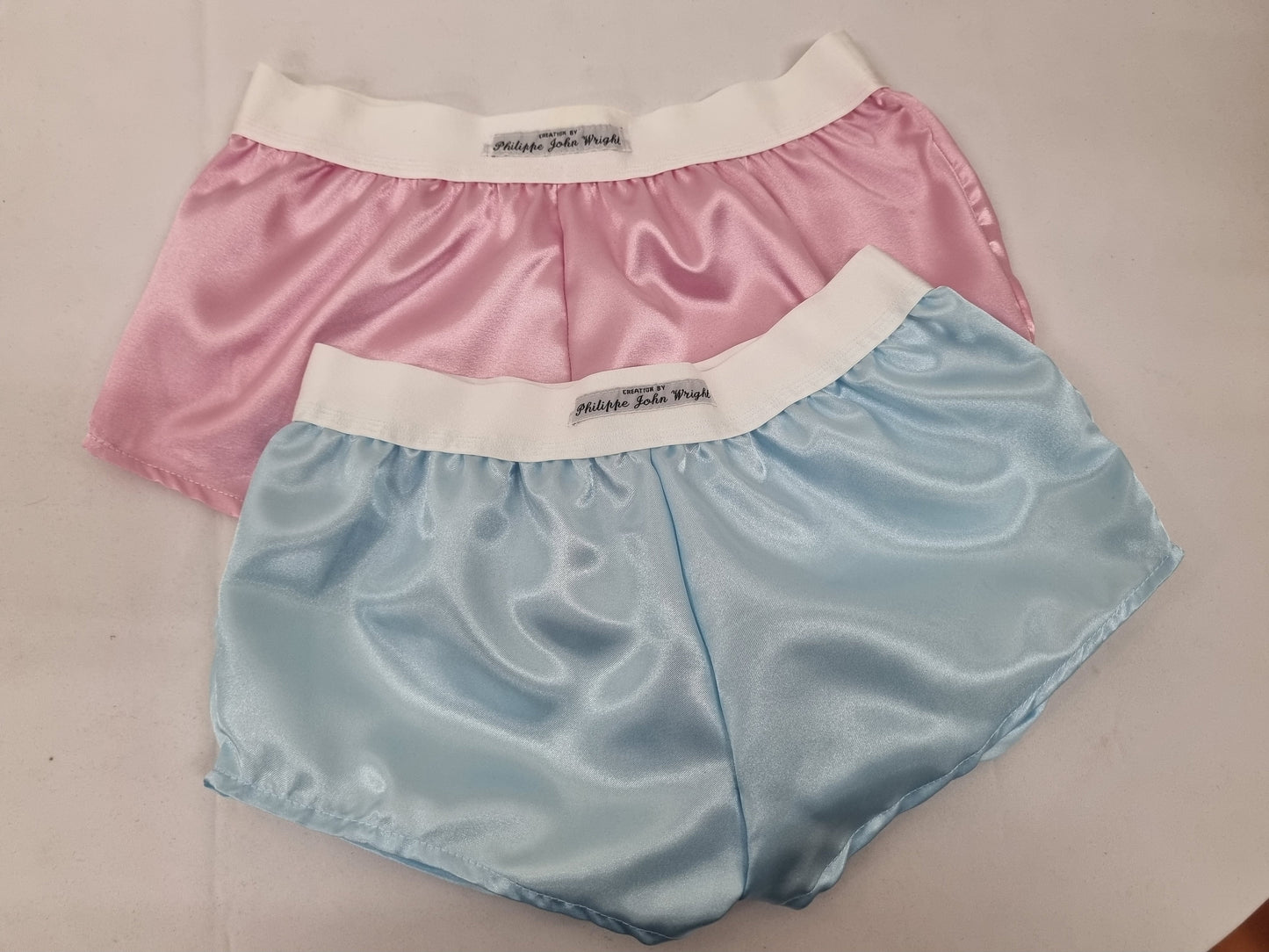 Womans double bundle PALE BLUE and PINK satin boy shorts, pajamas, french knickers made in france