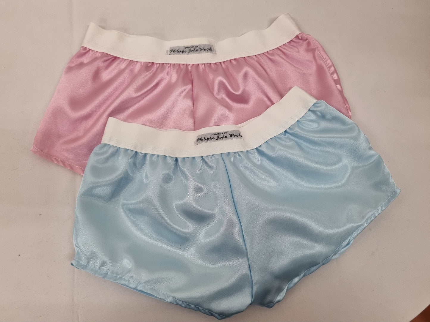 Womans double bundle PALE BLUE and PINK satin boy shorts, pajamas, French knickers made in France