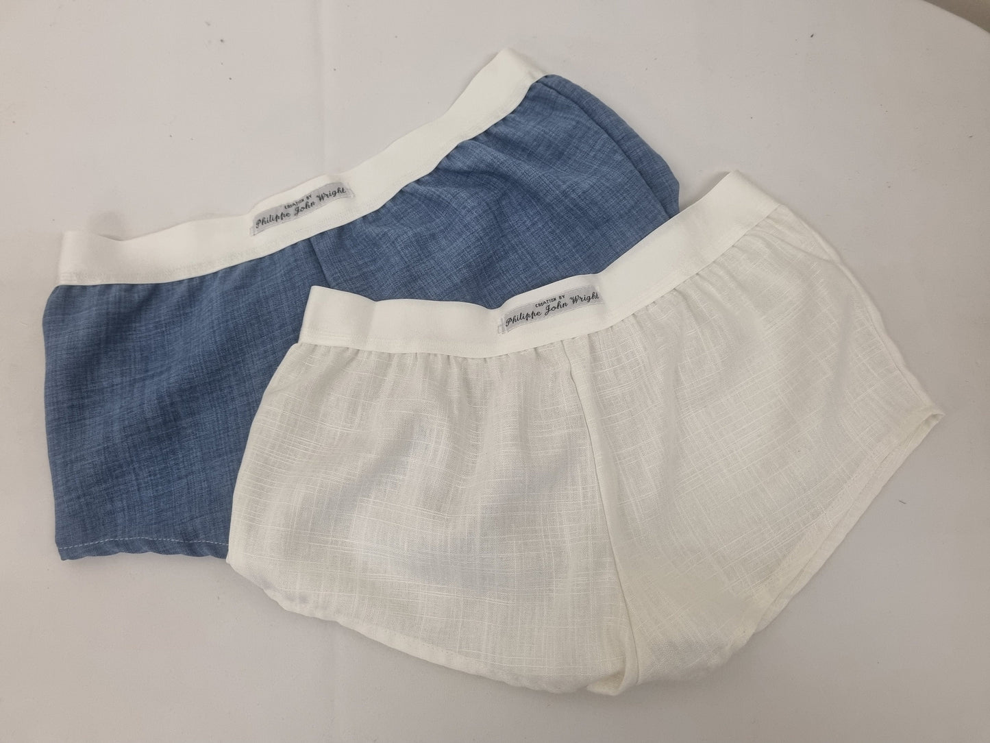 Womans double bundle BLUE and WHITE linen boy shorts, pajamas, French knickers made in France