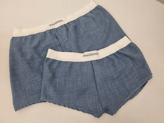 couple gift matching underwear His and her linen BLUE boxer short and boy shorts bundle hand made in France.