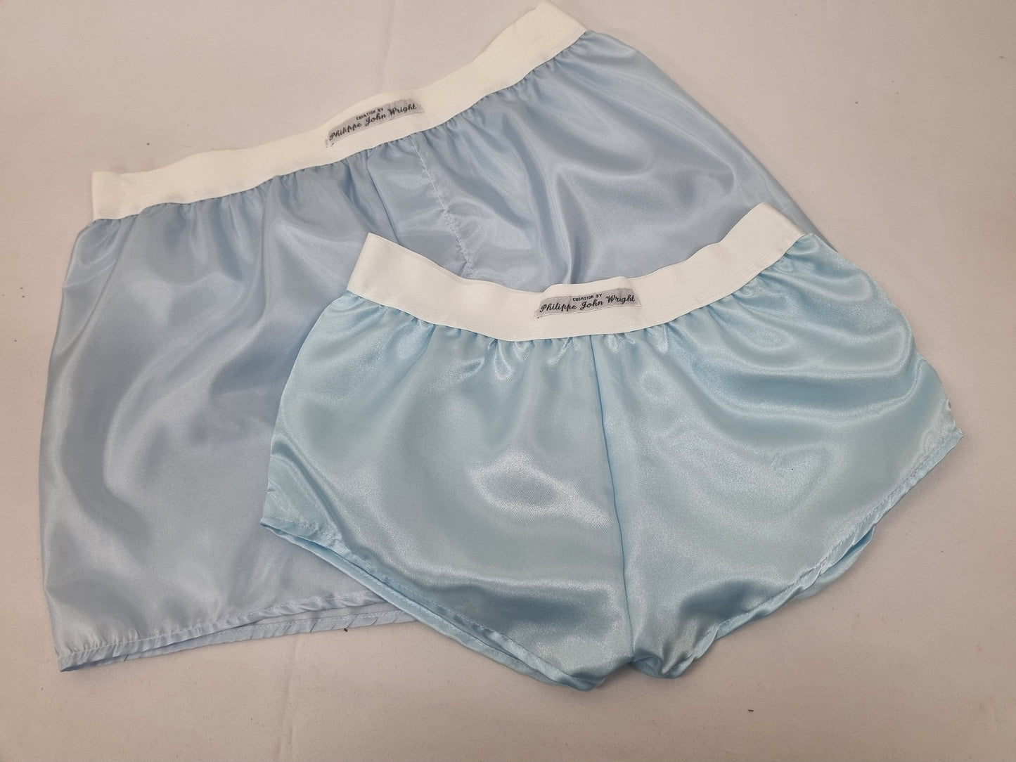 His and her satin PALE BLUE boxer short and boy shorts bundle hand made in France.