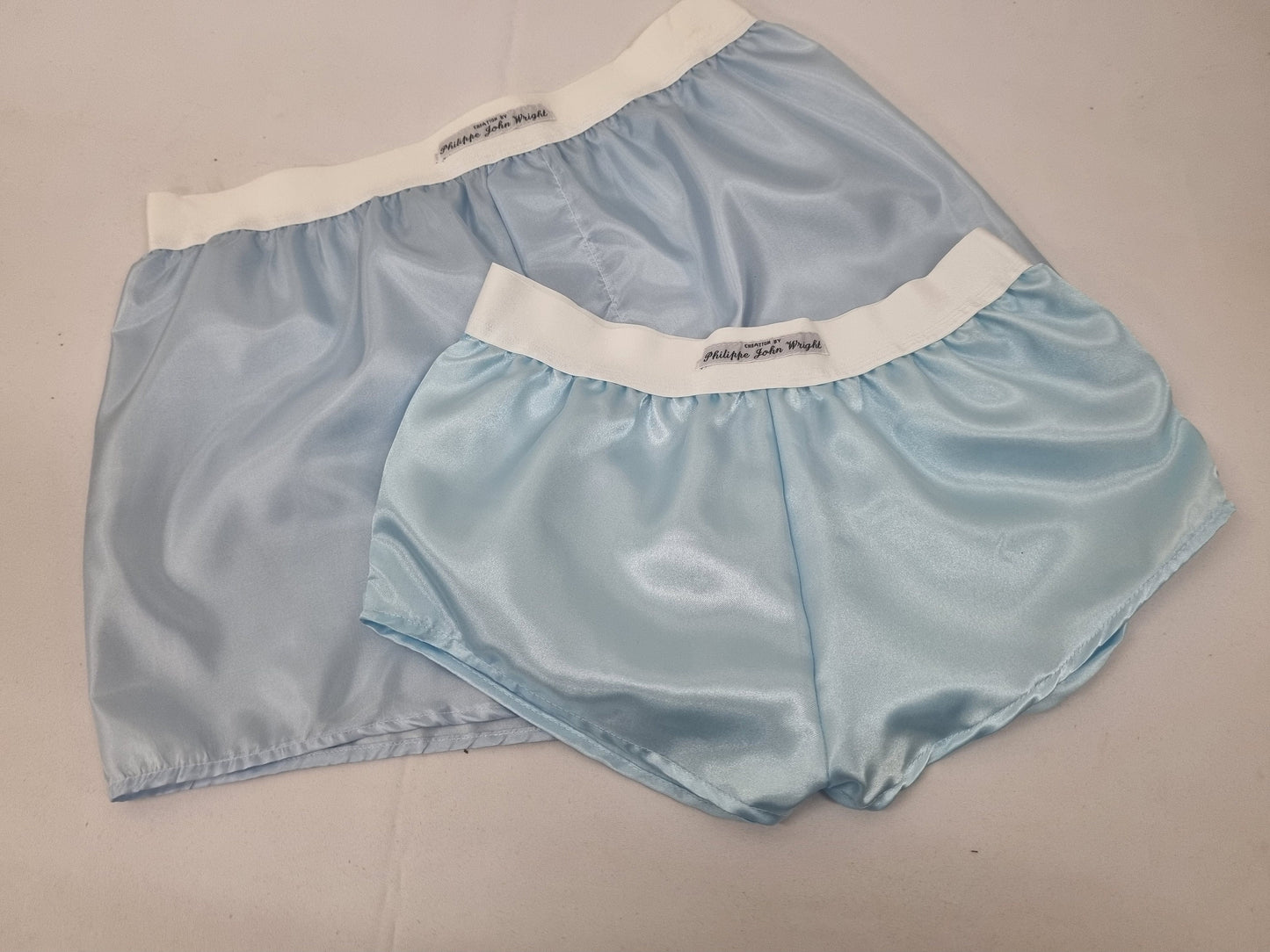 His and her satin PALE BLUE boxer short and boy shorts bundle hand made in France.