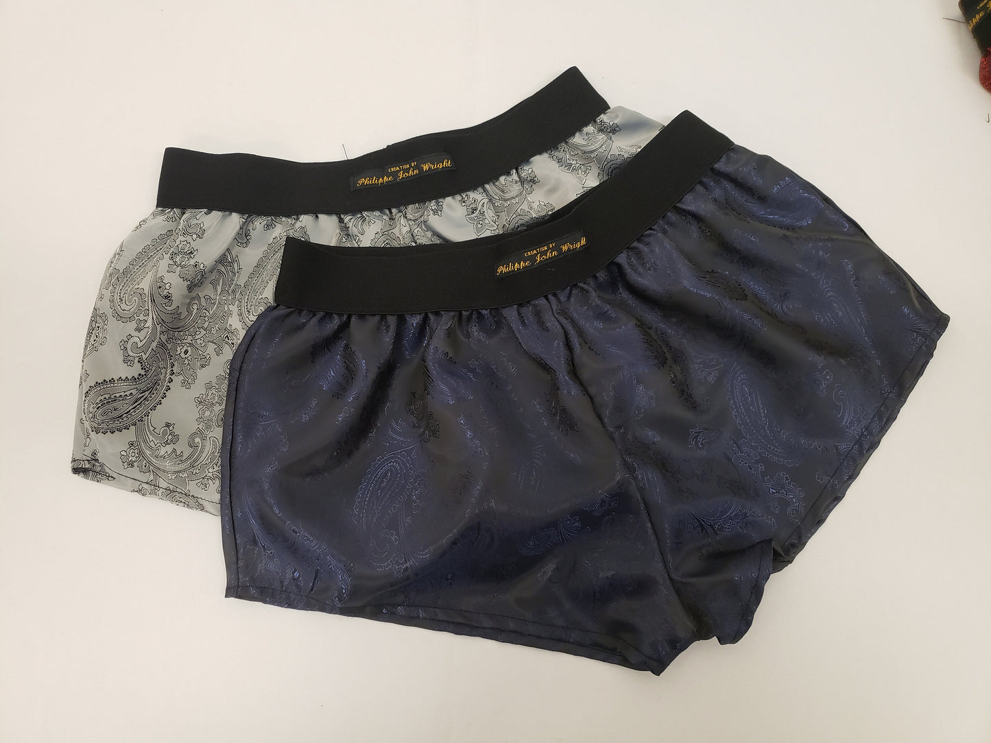 Womans double bundle NAVY and SILVER silk paisley boy shorts, pajamas, french knickers made in France