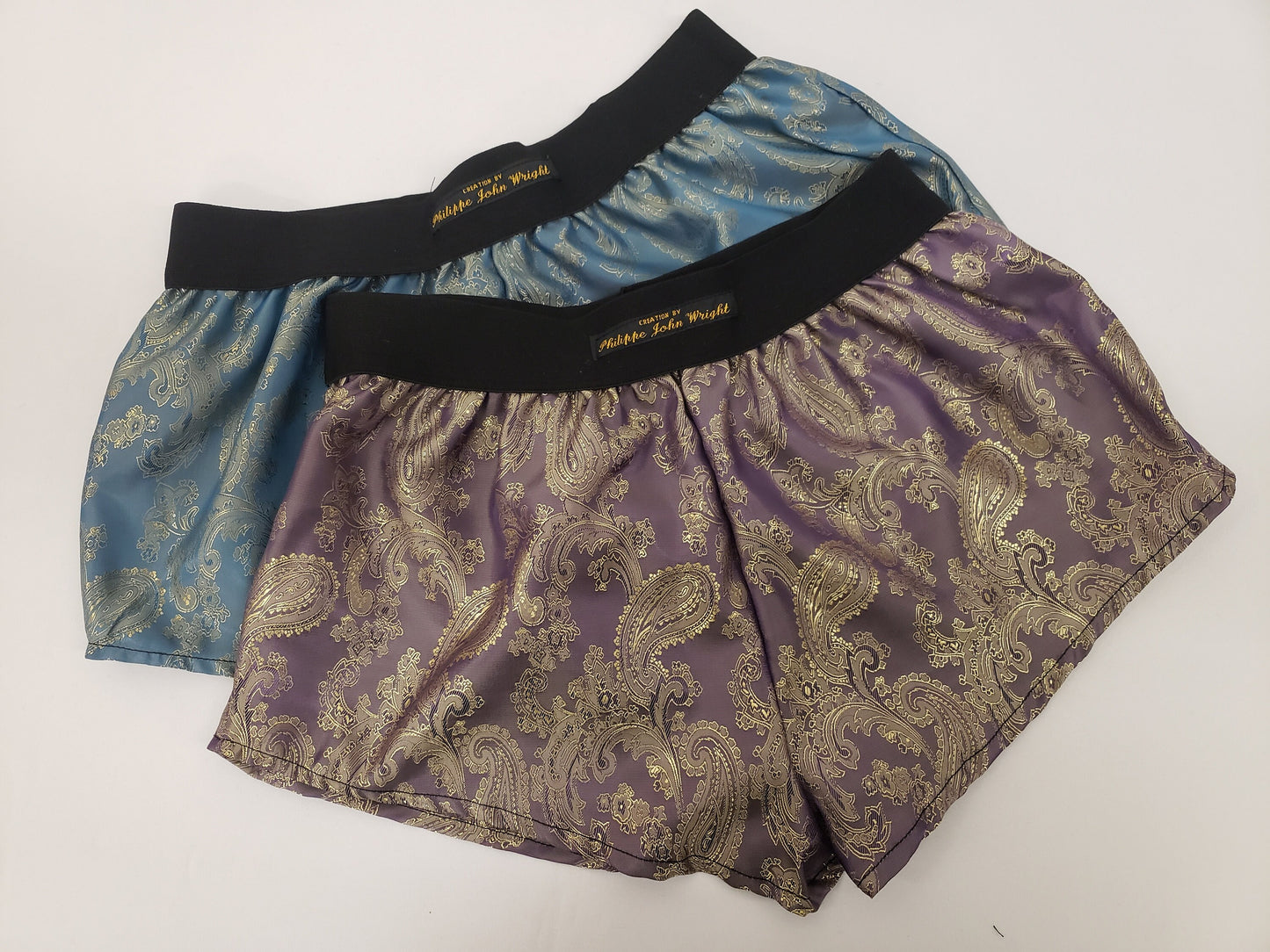 Womans double bundle GOLDEN BLUE and PURPLE silk paisley boy shorts, pajamas, french knickers made in france